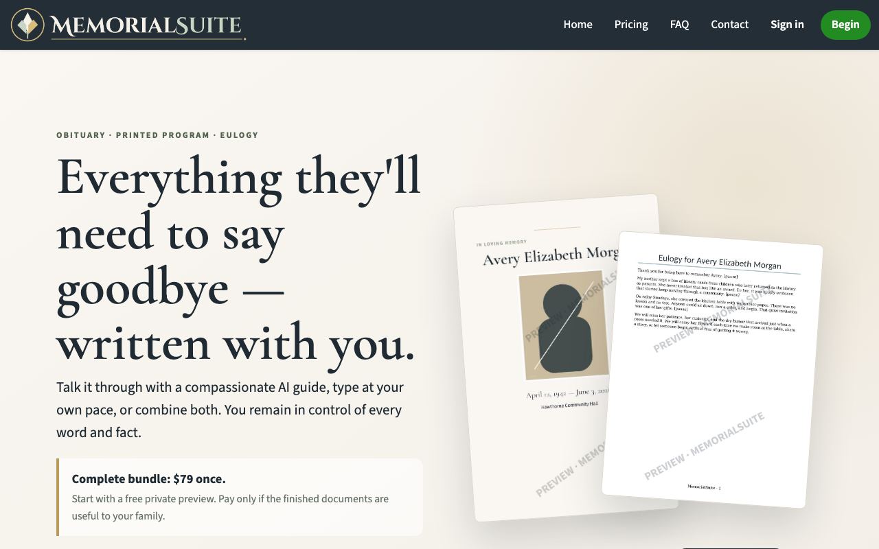 memorialsuite.com homepage